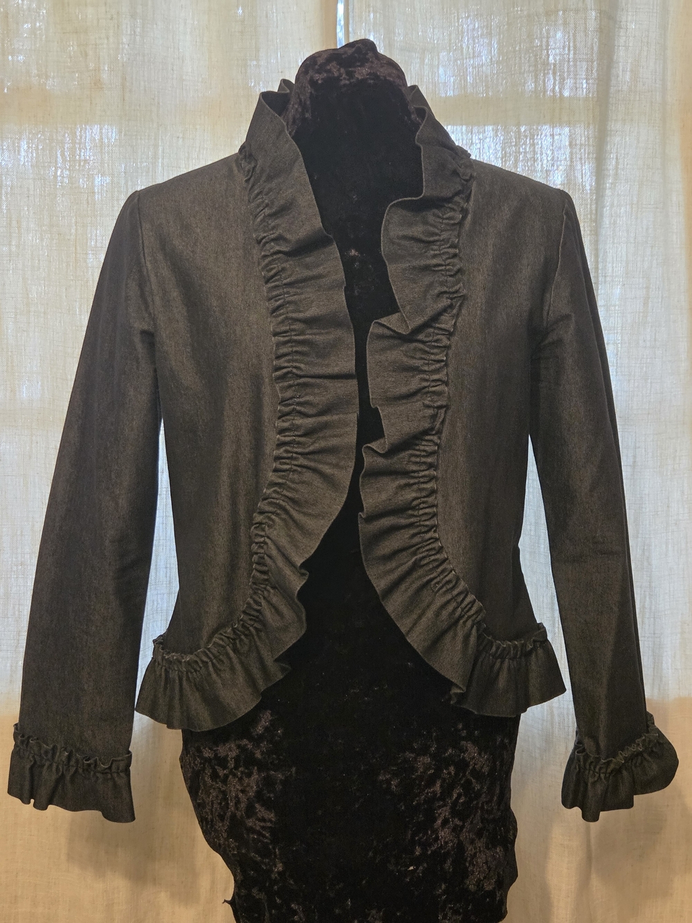 Nicole Denim Ruffled Open-Front Blazer